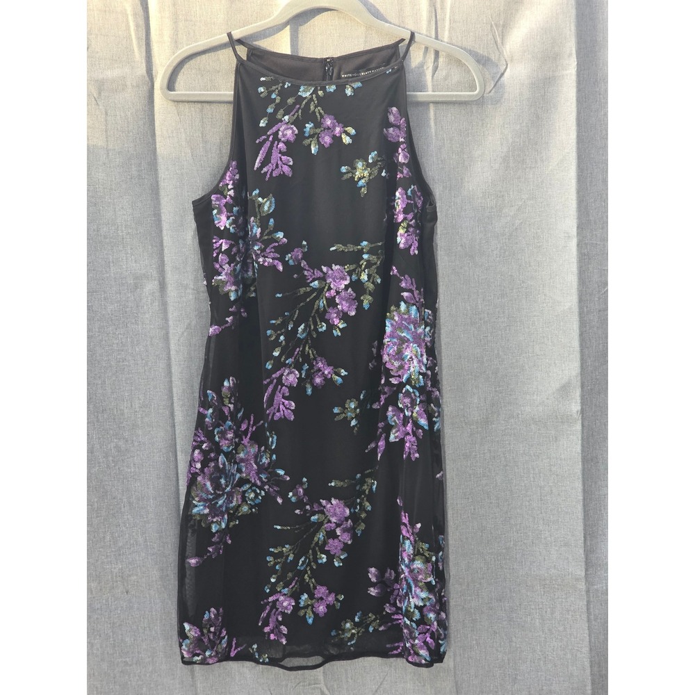 White House Black Market Sequin Floral Halter Sheath Dress Black Purple Size 4